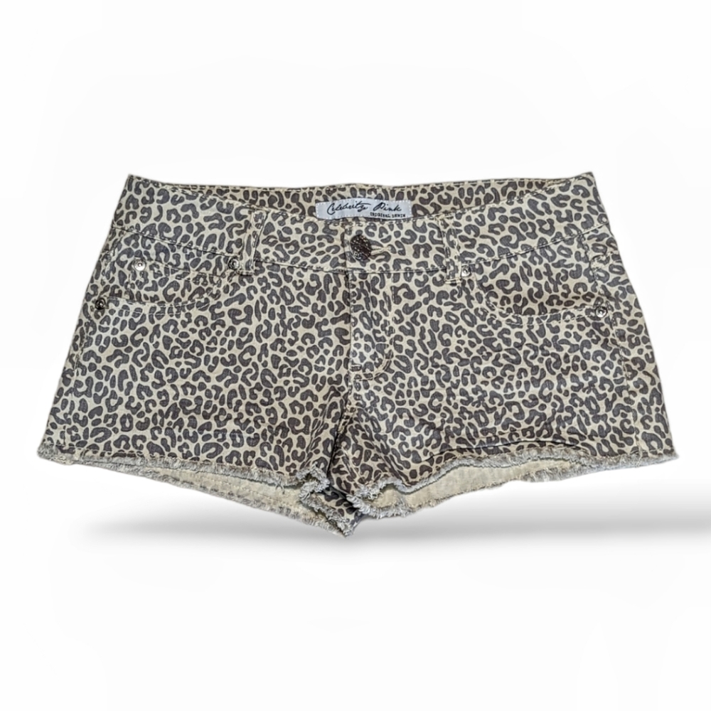 Woman's Beige & Grey Cheetah Print Cut Off Denim Shorts with Fringe  Size 7
